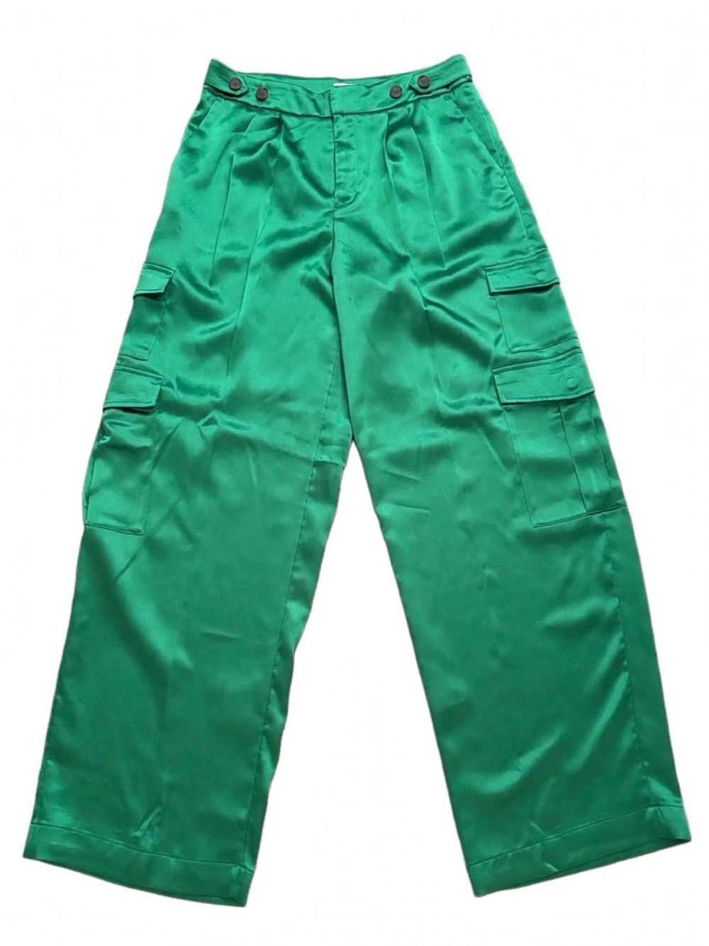 A New Day Emerald Green Satin Cargo Pants Wide Leg Button Waist Size 6